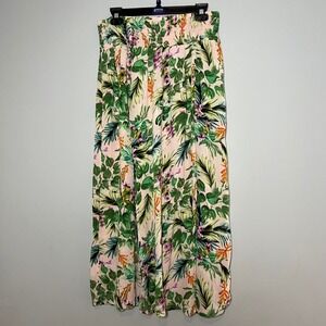 Kona Sol Womens Medium Tropical Floral Smocked Waist Skirt‎ Slit Beach Resort